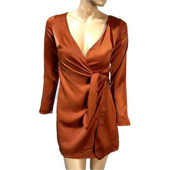 NASTY GAL Burnt Orange Faux Wrap Satin Mini  Dress Size 4 Long Sleeve NWT - Picture 1 of 12
